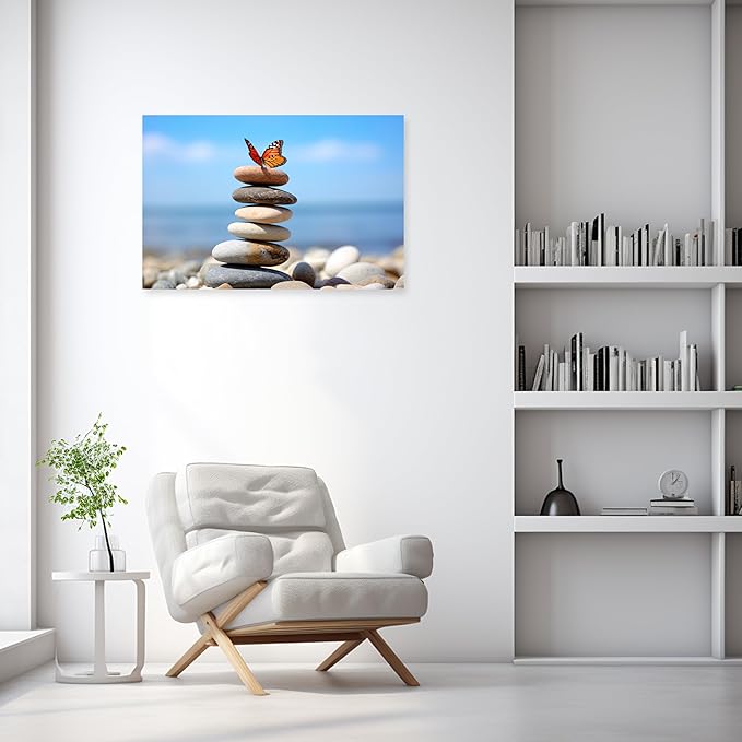 ARTZGX Zen Stone Wall Art Canvas Spa Bathroom Pictures Butterfly Print Meditation Still Life Painting for Yoga Room Decor Frame(Zen - D 28.00" x 42.00")