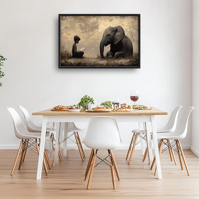 Elephant Large Wall Art Boy Reading Pictures Wall Decor Animal Canvas Elephant Print Painting Modern Artwork Home Decoration for Living Room Bathroom Bedroom Office Framed 36"x24"
