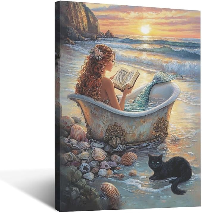 Mermaid Wall Art Beach Coastal Nautical Wall Decor Sunset Cat Pictures Canvas Painting Framed Artwork Home Decorations for Bathroom Living Room Bedroom Office 16"x24"