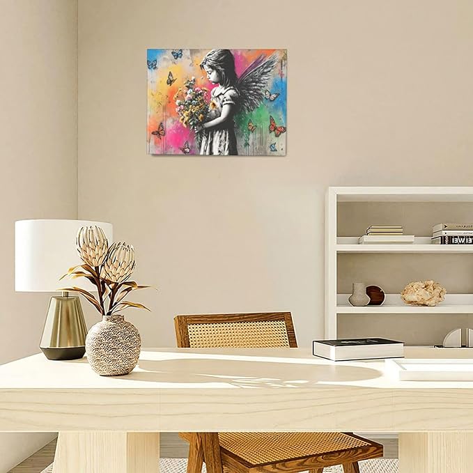Banksy Wall Art Butterfly Girl Pictures Street Pop Art Graffiti Canvas Wall Decor Vintage Kids Aesthetic Painting Artwork Decorations Framed for Living Room Bedroom Bathroom Kid Room Office 12"x16"