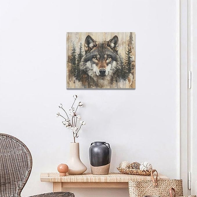 Vintage Wolf Wall Art Farmhouse Wildlife Wall Decor Country Animal Pictures Canvas Painting Artwork Home Decorations for Living Room Bedroom Bathroom Office 20"x16"
