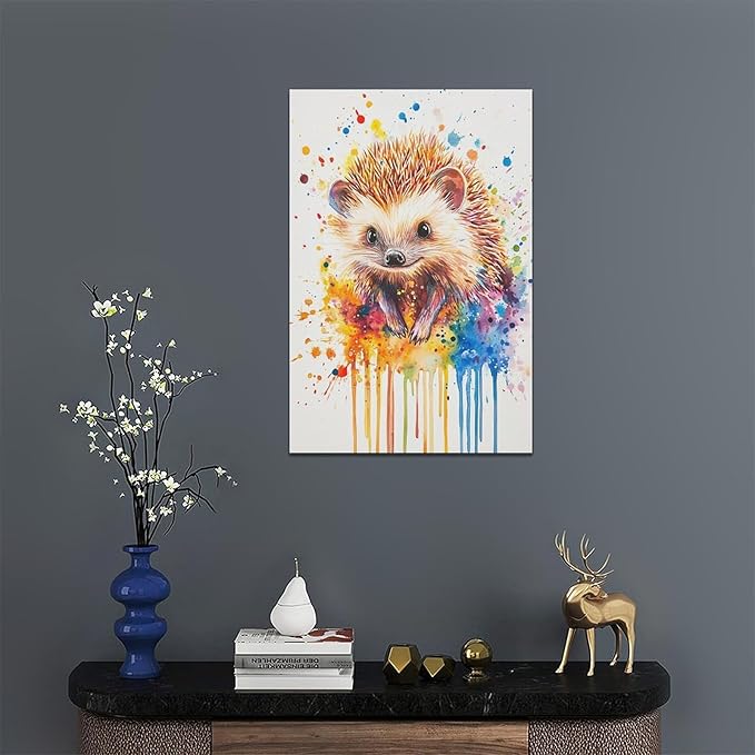 Fleruku Watercolor Hedgehog Wall Art Colorful Hedgehog Wall Decor Cute Animal Pictures Canvas Painting Artwork Home Decorations for Living Room Bedroom Bathroom Office Nursery Classroom 16"x24"