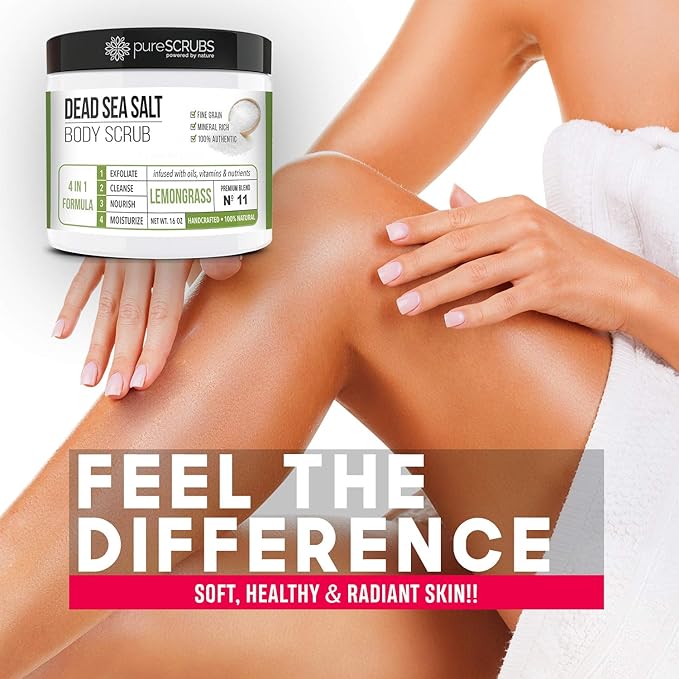 pureSCRUBS Premium Lemongrass Dead Sea Salt Body Exfoliator Scrub, Full Exfoliating Body Scrubber - Large 16oz Jar, Filled With Essential Oils, Includes Spoon, Loofah & Exfoliating Skin Soap