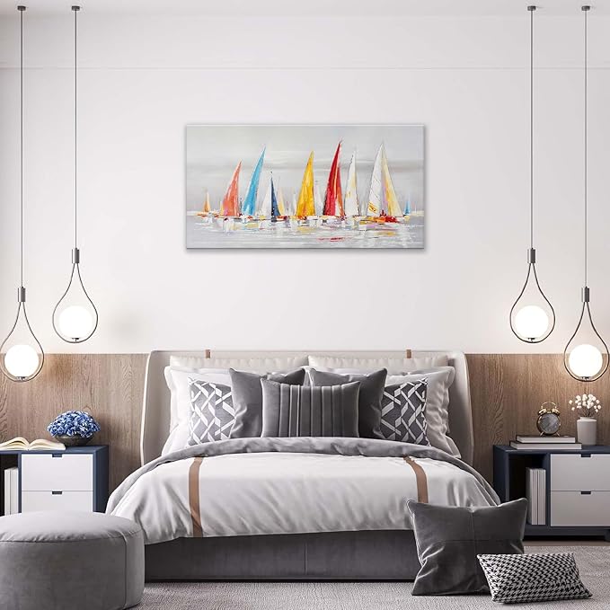 Sailboat Wall Art Nautical Pictures Wall Decor Abstract Coastal Colorful Large Canvas Prints Painting Modern Framed Artwork Above Bed for Living Room Dining Room Bathroom Office 60"x30"