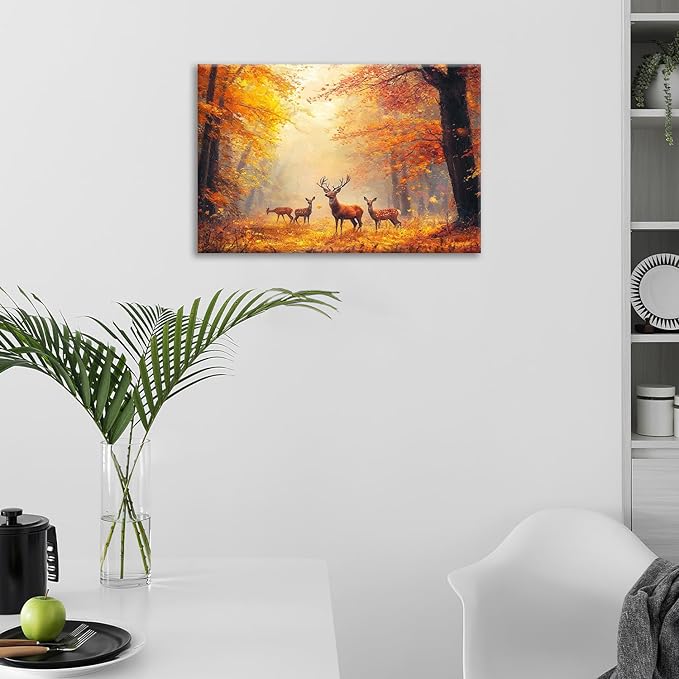 Olivine Deer Wall Art, Autumn Forest Pictures Wall Decor, Wildlife Painting, Fall Landscape Canvas Prints, Framed Artwork for Bathroom Bedroom Living Room Office Home Decoration 24''x16''