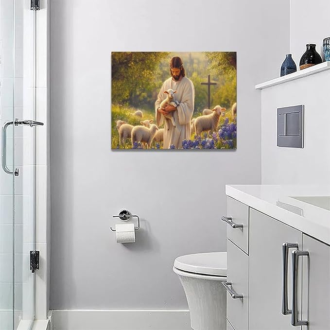 Fleruku Jesus Lamb Wall Art Christ Christian Wall Decor Jesus Religious Sign Pictures Canvas Painting Artwork Home Decorations for Living Room Bedroom Bathroom Office 16"x12"