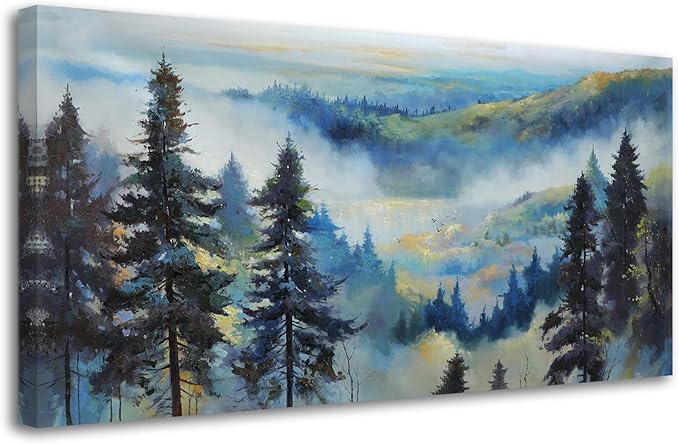Anolyfi Large Misty Mountain Canvas Wall Art Living Room Foggy Forest Landscape Painting, Nature Pine Tree Scenery Blue Textured Artwork Framed for Bedroom Bathroom Kitchen Office Home Decor 40"x20"