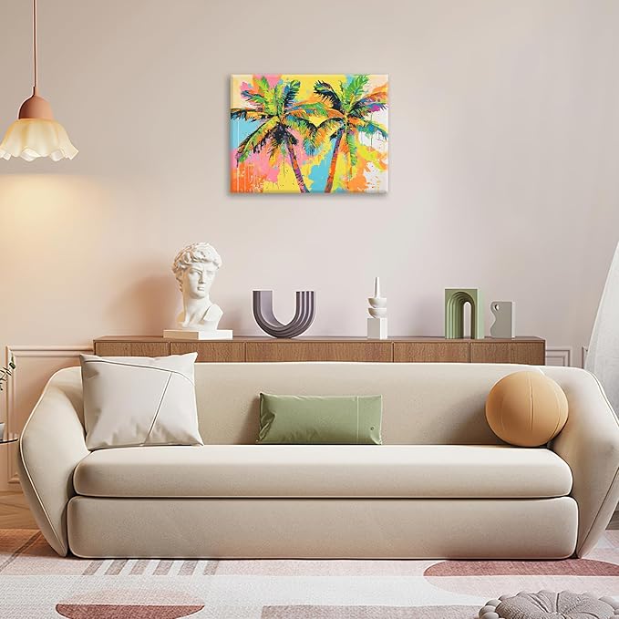 Olivine Tropical Wall Art, Palm Tree Pictures Wall Decor, Graffiti Painting, Colorful Summer Canvas Prints, Framed Artwork for Bathroom Living Room Bedroom Office Home Decoration 16"x12"