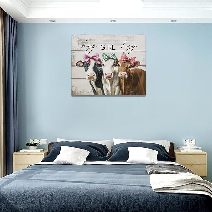 Olivine Cow Wall Art, Farmhouse Pictures Wall Decor, Cows Painting, Country Rustic Canvas Prints, Framed Artwork for Living Room Bedroom Bathroom Home Decoration 20"x16"