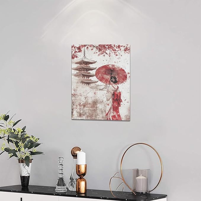 Japan Wall Art Japanese Geisha Wall Decor Cherry Blossoms Farmhouse Japan Pictures Canvas Painting Artwork Home Decorations for Living Room Bedroom Bathroom Office Classroom 12"x16"