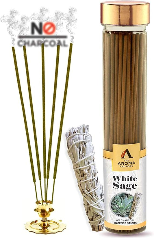 The Aroma Factory White Sage Agarbatti for Pooja, Luxury Incense Sticks, Low Smoke & Zero Charcoal, Premium & Fresh Fragrance for Home, Meditation, 100g X 1Bottle Pack