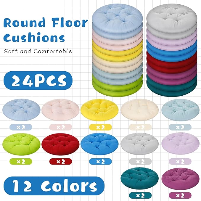 24 Pcs Round Floor Cushions Floor Pillows Meditation Seat Pillows Flexible Seating for Adults Kids, Chair Cushions for Classroom, Nursery, Living Room, Yoga(Large 19 Inch,Multi Color)