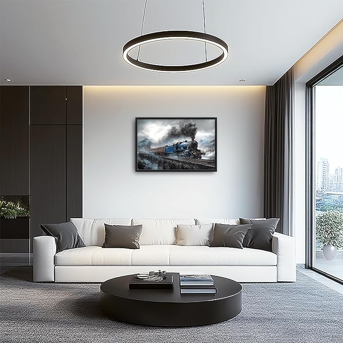 Kylora Train Wall Art Blue Gray Train Pictures Wall Decor Prints Modern Artwork Bridge Painting Home Office Decorations For Kitchen Bathroom Bedroom Dining Living Room 36"x24"