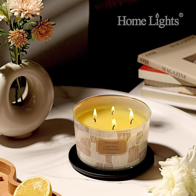 HomeLights Soy Wax Candles for Home Scented, 4-Wick Candles in Salted Caramel Scented, Rustic Modern Aromatherapy Candles Gift for Parties, Relaxing, 18oz