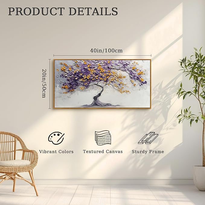 crmotu Tree of Life Framed Wall Art Large Artwork, Purple Gold Tree Abstract Art Prints, Nature Plant Aesthetic Canvas Art Wall Decor Living Room Bedroom, Zen Spiritual Home Decor Paintings 20x40inch