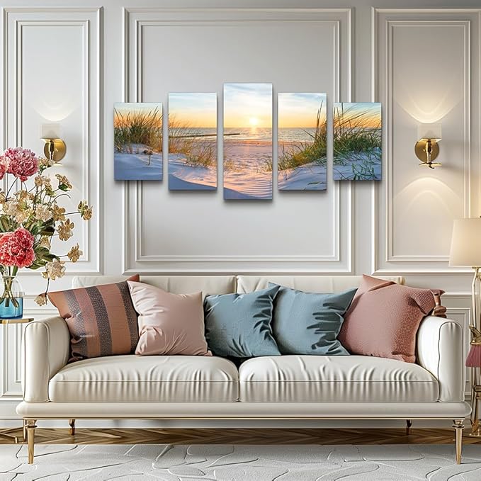 Canvas Wall Art For Living Room Large Size Wall Decor For Bedrooms Beach Grass Blue Ocean Landscape Painting Office Wall Decorations Seascape Print Canvas Pictures Artwork Home Decor Works 5 Piece