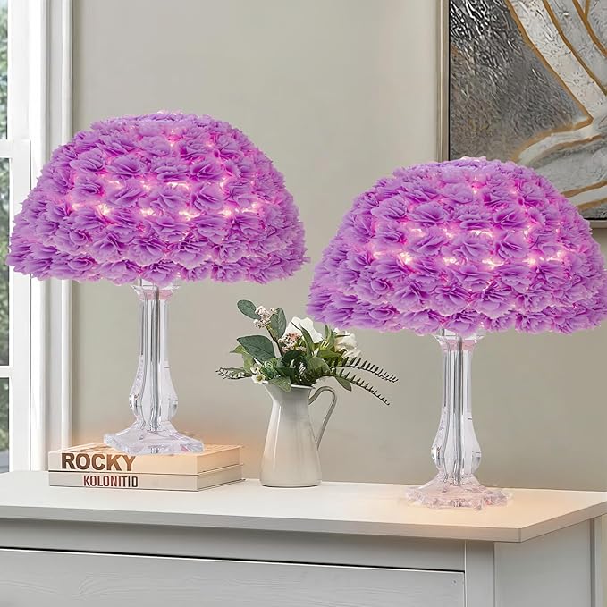 Fabric Flower Desk Lamp Purple Artificial Floral Table Lamp for Girl Chiristmas Gift Nightstand Light Bedside Lamp Decor for Wedding Bedroom Living Room Restaurant Hotel Office