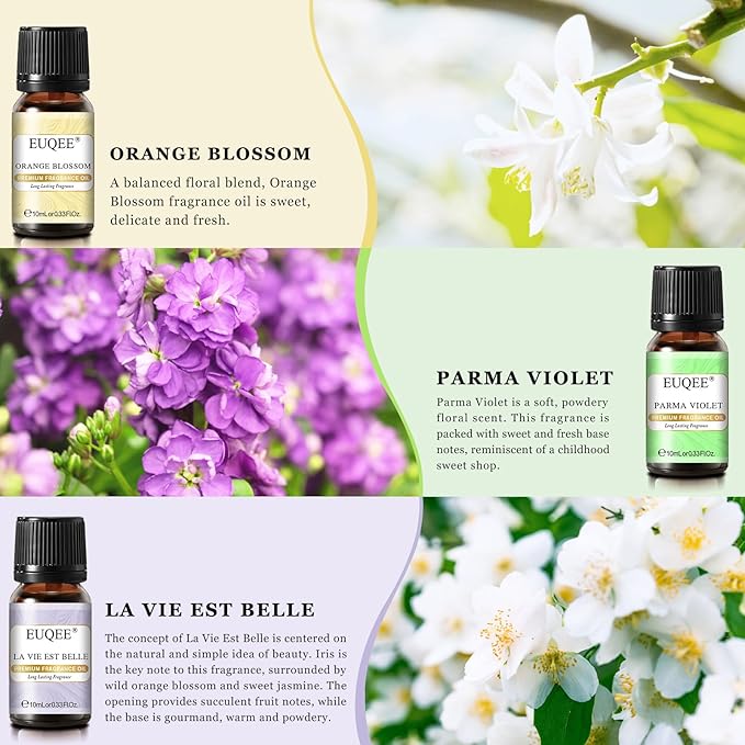 Premium Floral Fragrance Oils Set 6PCS Fragrance Oils Set for Diffuser, DIY Candle - Honeysuckle, Lilac, Japanese Magnolia, Violet, Orange Blossom (10ml)