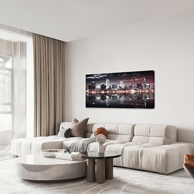 Chicago Skyline Wall Art City Night View Pictures Living Room Wall Decor Black Cityscape Large Canvas Prints Painting Modern Framed Artwork Above Bed for Diving Room Office 60"x30"