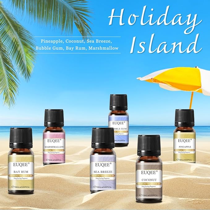 Summer Fragrance Oil Gift Set of 6，Holiday Island Essential Oils Set for Humidifier, Aromarathepy-Pineapple, Coconut, Sea Breeze, Bubble Gum, Bay Rum, Marshmallow(10ml)