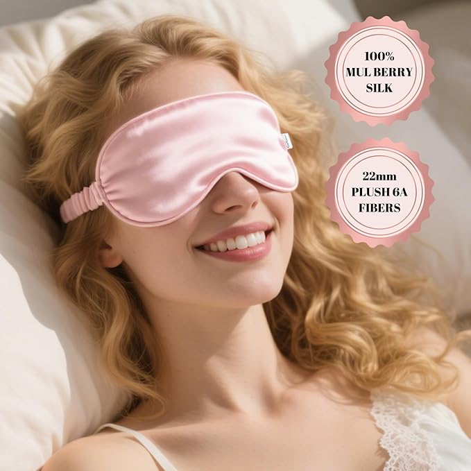 Pure 22 Momme 6A Grade Mulberry Silk Sleep Mask for Side Sleepers - 100% Blackout Eye Mask with Travel Pouch (Pink)