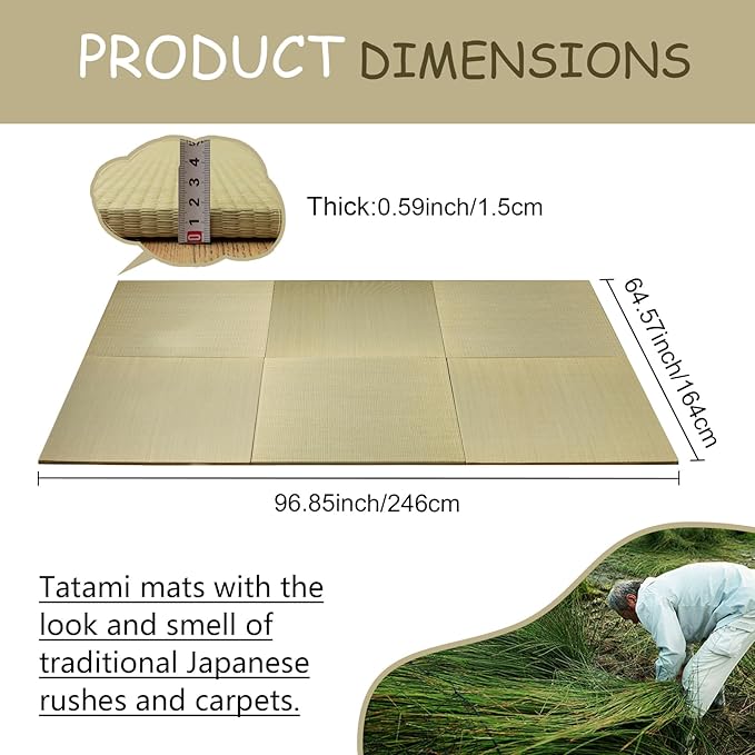 HAGiHARA Japanese Tatami Mat, Patchwork Tatami Floor Mats, 96" x 64" Foldable Square with Non-Slip Design for Bedroom, Crawling and Yoga, Made of Rush Grass, Igusa(Without Edge/6 Picecs)