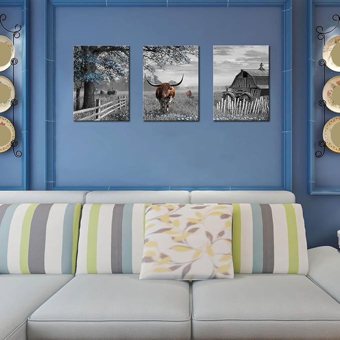 yiijeah Western Wall Decor - Rustic Blue Tree Brown Cow 3 Piece Wall Art - Farmhouse Black and White Picture Canvas Artwork for Walls - Field Scenery Wall Art