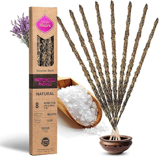 Sargada Madre - 8 Natural Patchouli Incense Sticks, 9 Inches Each - Aromatherapy Sticks for Protection, Love & Prosperity - Purify Your Space & Attract Positive Energy - Extended 1 Hour Burn Time