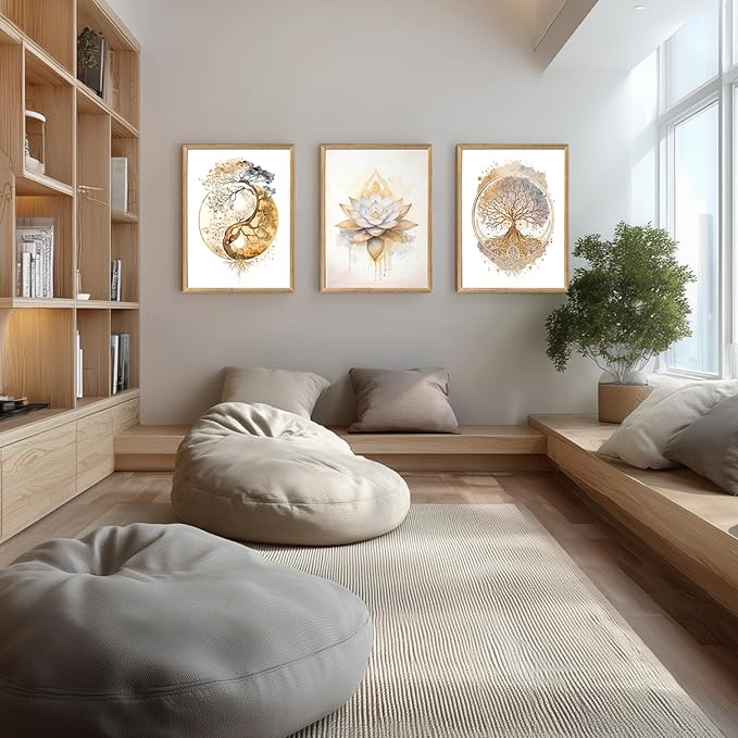 GELDSTEI Tree of Life Wall Art, Calming Zen Wall Decor, Abstract Yin Yang Tree Canvas Painting, Modern Gold Lotus Flower Meditation Poster Print for Living Room Yoga Room Bedroom Wood Framed 12"x16"x3