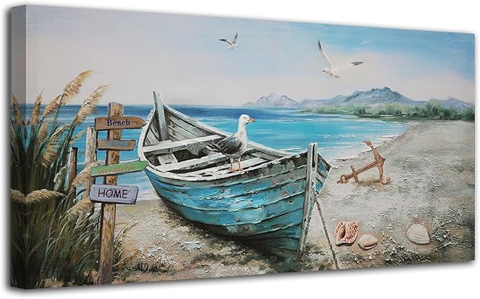 Anolyfi Large Beach Picture Wall Art Coastal Boat Blue Ocean Landscape Canvas Art Seagull Nautical Seascape Textured Painting Artwork Framed for Living Room Bedroom Bathroom Office Home Decor 48"x24"