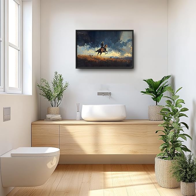 SweetFox Extra Large Western Cowboy Framed Wall Art for Living Room, Cowboy on Horseback Pictures Oversized Wall Decor Abstract Canvas Painting Print Artworks for Bathroom Master Bedroom 36L X 24W