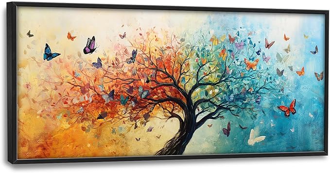 SweetFox Extra Large Tree of Life Framed Wall Art for Living Room, Colorful Tree Butterfly Pictures Oversized Wall Decor Abstract Canvas Painting Print Artwork for Bathroom Master Bedroom 60L X 30W