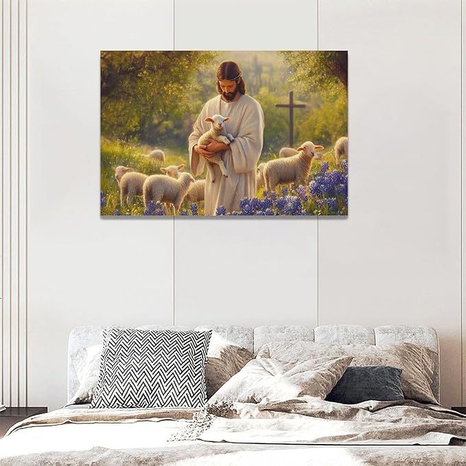 Fleruku Jesus Lamb Wall Art Christ Christian Wall Decor Jesus Religious Sign Pictures Canvas Painting Artwork Home Decorations for Living Room Bedroom Bathroom Office 24"x16"