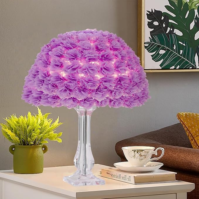 Fabric Flower Desk Lamp Purple Artificial Floral Table Lamp for Girl Chiristmas Gift Nightstand Light Bedside Lamp Decor for Wedding Bedroom Living Room Restaurant Hotel Office