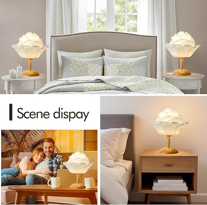 White Flower Table Lamp Creative Lotus Desk Lamp for Bedroom Modern Fabric Nightstand Light Bedside Lamp for Wedding Decor Living Room Study Rooms Restaurants Hotel