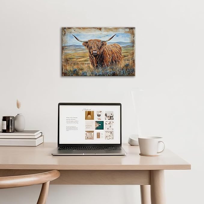 Olivine Highland Cow Wall Art, Rustic Farmhouse Cow Pictures Wall Decor, Country Painting Canvas Prints, Framed Artwork for Bathroom Bedroom Living Room Office Home Decoration 24"x16"