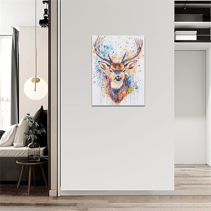 Fleruku Watercolor Deer Wall Art Colorful Elk Wall Decor Antlers Pictures Animal Canvas Painting Artwork Home Decorations for Living Room Bedroom Bathroom Office Nursery Classroom 12"x16"