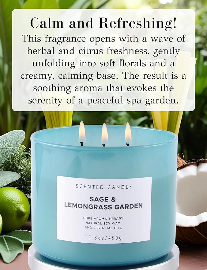 Sage Lemongrass Garden 3 Wick Scented Candle | Large Soy Candles for Home 15.8 oz | Long Lasting Stress Relief Candle | Soothing Sage Candles for Cleansing | Aromatherapy Candle Gift for Women & Men