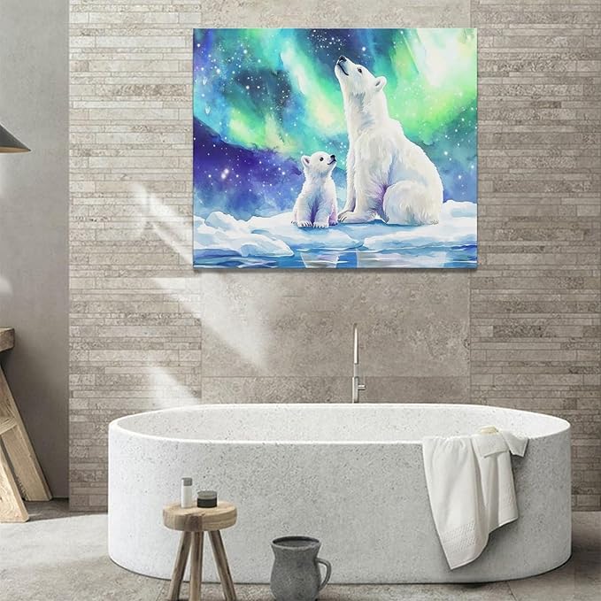 Olivine Polar Bear Wall Art, Northern Lights Pictures Wall Decor,Watercolor Polar Landscape Canvas Prints Paintings, Framed Artwork for Bathroom Bedroom Living Room Office Home Decoration 24"x20"
