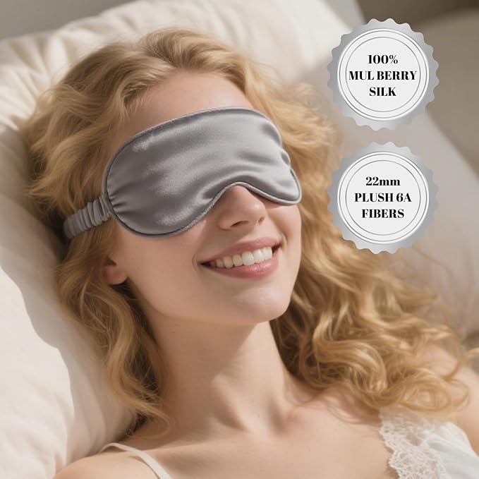 Pure 22 Momme 6A Grade Mulberry Silk Sleep Mask for Side Sleepers - 100% Blackout Eye Mask with Travel Pouch (Grey)