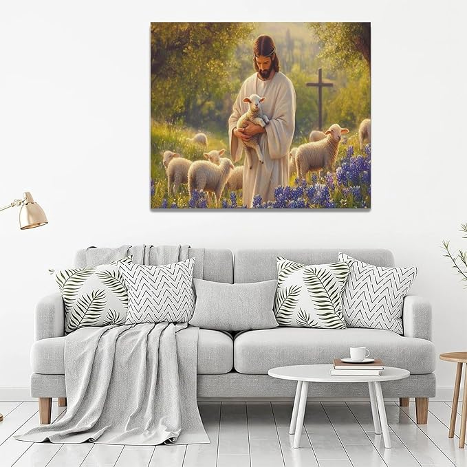 Fleruku Jesus Lamb Wall Art Christ Christian Wall Decor Jesus Religious Sign Pictures Canvas Painting Artwork Home Decorations for Living Room Bedroom Bathroom Office 24"x20"