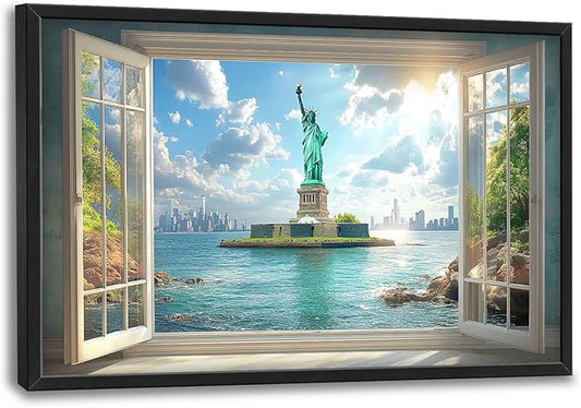 Statue of Liberty Large Wall Art Window Pictures Wall Decor Landmark Canvas Landscape Print Painting Modern Artwork Home Decoration for Living Room Bathroom Bedroom Office Framed 36"x24"