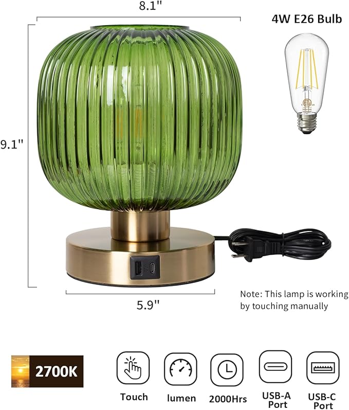 Big Touch Table Lamp,Elegant Green Glass Bedside Lamp 3 Way Dimmable with USB C+A Charging Ports - Bedroom Nightstand & Living Room Essential, 4W Bulb Included (Green)