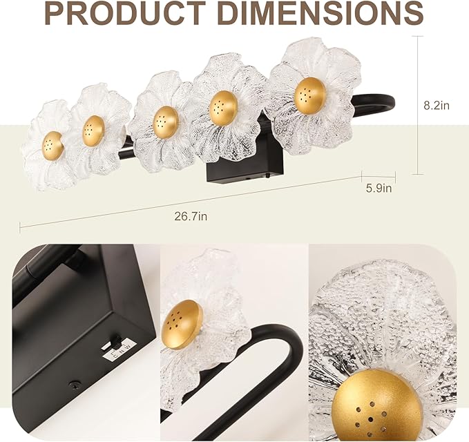MantoLite Bathroom Light Fixtures Modern Vanity Light Over Mirror Adjustable 3000K-6000K Picture Lights Art Light with Floral Clear Glass Shades for Living Room Bedroom Wall Sconces (5 Light Black)