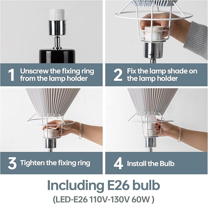Elegant 45° Rotatable Ceramic Table Lamp (A15 Bulb Included), Pleated Flexible Light, Angle Control for Home, Office, Bedroom Decor - Modern Stylish Desk Lamp, Black