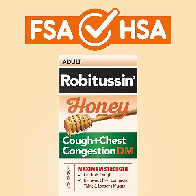 Robitussin Maximum Strength Honey Cough Plus Chest Congestion DM, Cough Medicine for Cough and Chest Congestion Relief Made with Real Honey for Flavor - 8 Fl Oz x 2