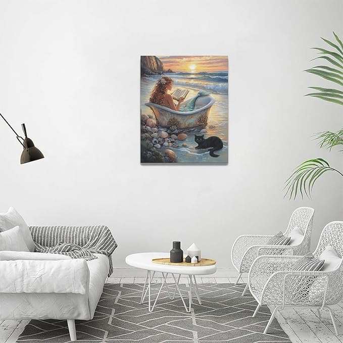 Mermaid Wall Art Beach Coastal Nautical Wall Decor Sunset Cat Pictures Canvas Painting Framed Artwork Home Decorations for Bathroom Living Room Bedroom Office 16"x20"