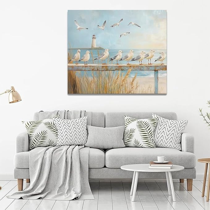Olivine Beach Wall Art, Coastal Seagull Lighthouse Bathroom Pictures, Nautical Canvas Prints Painting for Living Room Bedroom Dinning Room Kitchen 24"x20" Inch Framed