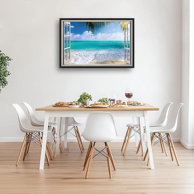 Beach Wall Art Ocean Palm Pictures Wall Decor Window Coastal Large Canvas Prints Paintings Home Office Decorations Framed Artwork for Living Room 36"x24"