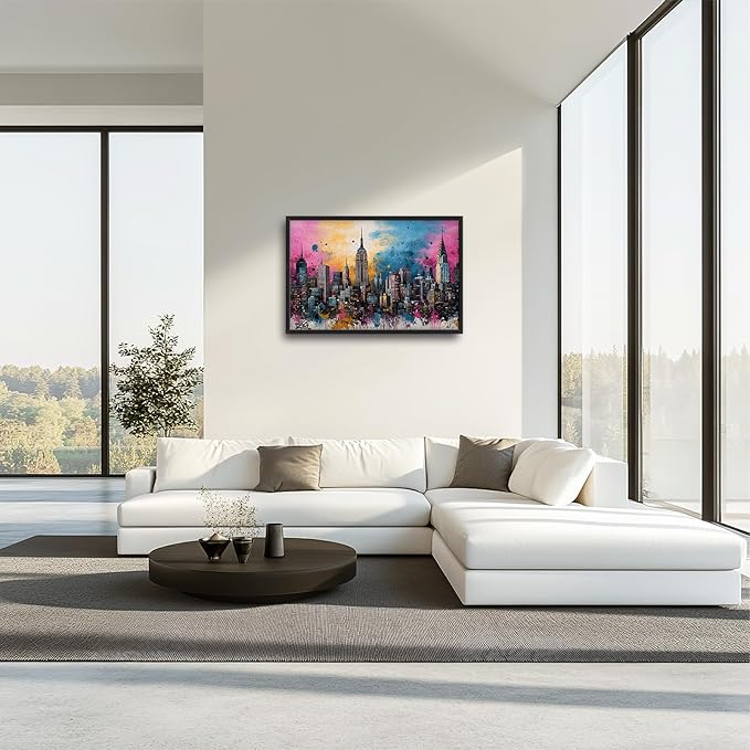 Glocmna Large Wall Art for Living Room Banksy Street Graffiti New York City Wall Decor Modern Skyline Cityscape Pictures Painting Big Canvas Print Framed Artwork Decorations Home Office Bedroom 24"x36"